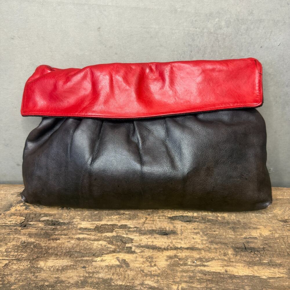 80s Margolin Leather Foldover Clutch Black Red Colorblock Vintage